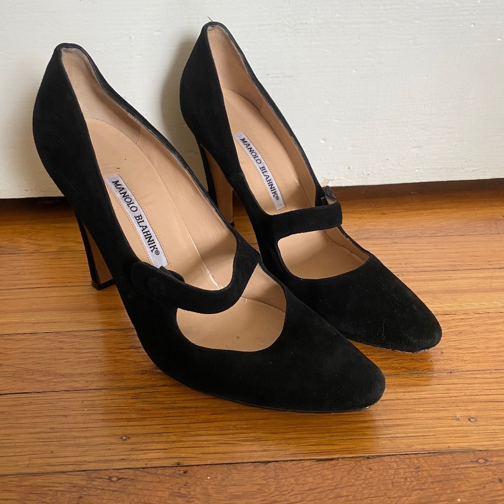 Black SUEDE  MANOLO BLAHNIK Mary Janes RARE Size 39